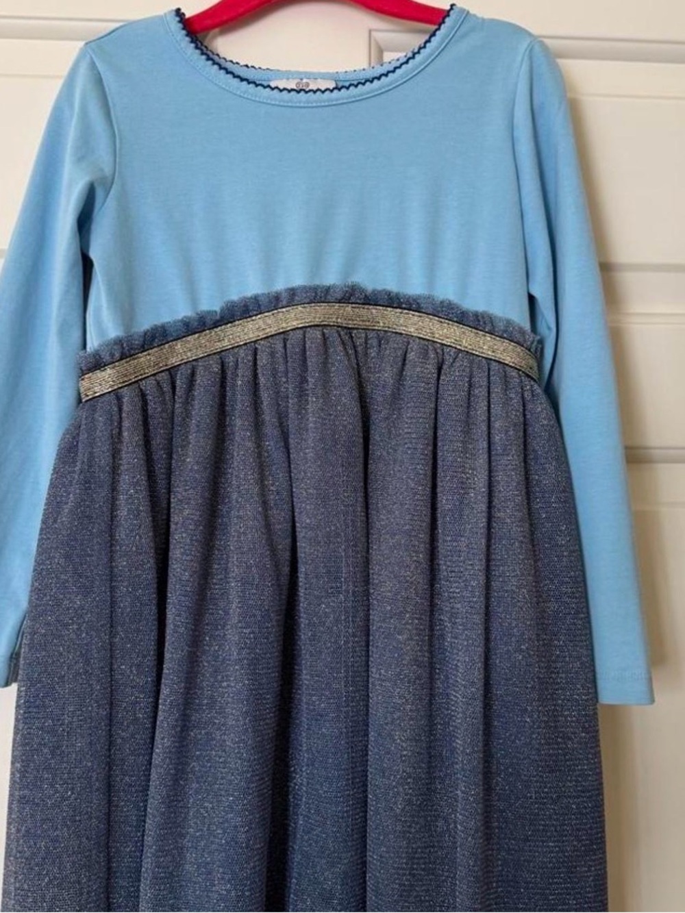 Hanna Andersson Light Blue & Navy Sparkle Long Sleeve Dress with Gold Trim